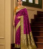 Wine color silk blend zari woven work sari -un stitched blouse