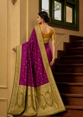 Wine color silk blend zari woven work sari -un stitched blouse 2