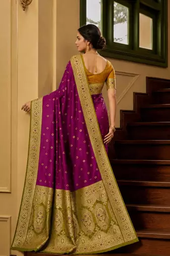 Wine color silk blend zari woven work sari -un stitched blouse