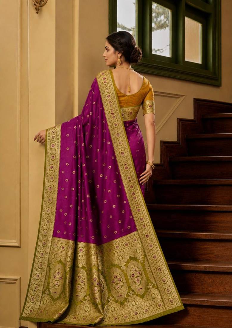 Wine color silk blend zari woven work sari -un stitched blouse
