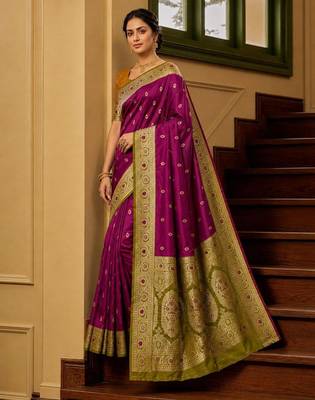 Wine color silk blend zari woven work sari -un stitched blouse 3