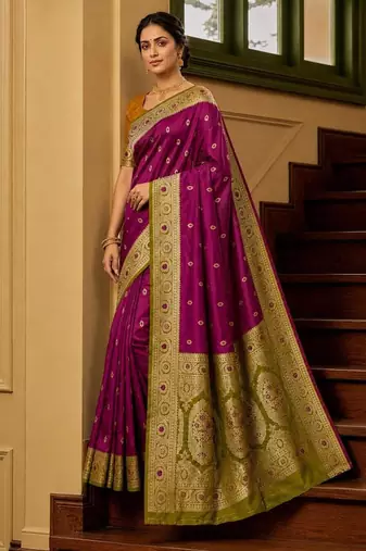 Wine color silk blend zari woven work sari -un stitched blouse