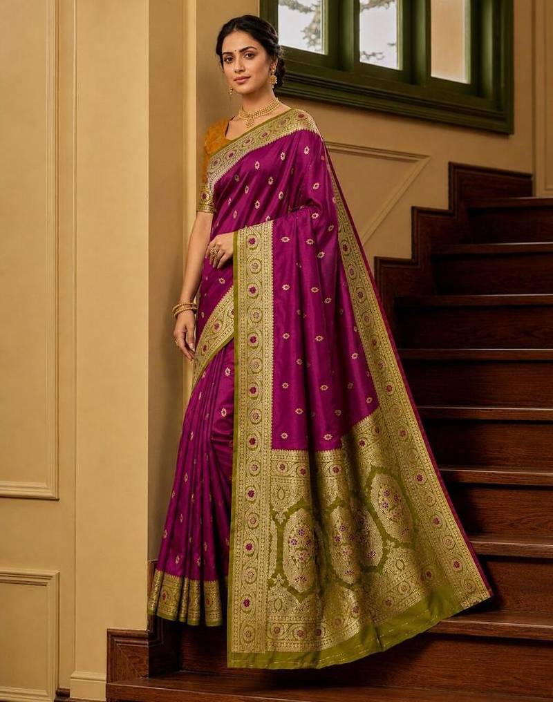 Wine color silk blend zari woven work sari -un stitched blouse