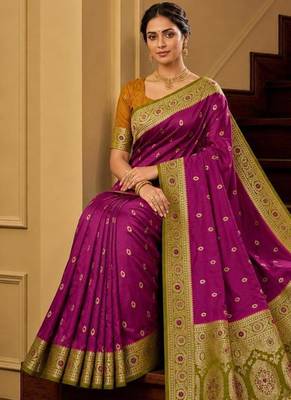 Wine color silk blend zari woven work sari -un stitched blouse 4