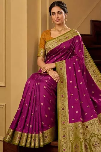 Wine color silk blend zari woven work sari -un stitched blouse