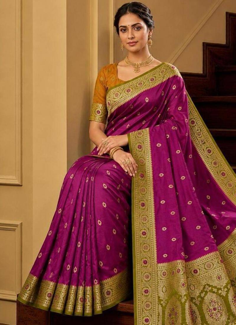 Wine color silk blend zari woven work sari -un stitched blouse