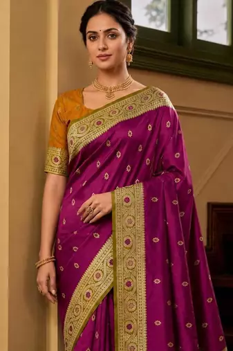 Wine color silk blend zari woven work sari -un stitched blouse