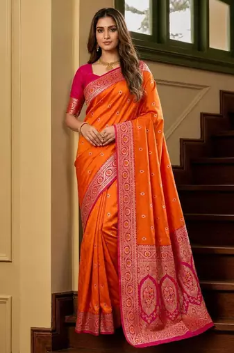 Orange color silk blend zari woven work sari -un stitched blouse