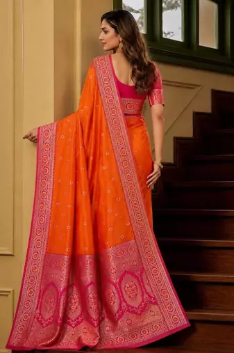 Orange color silk blend zari woven work sari -un stitched blouse