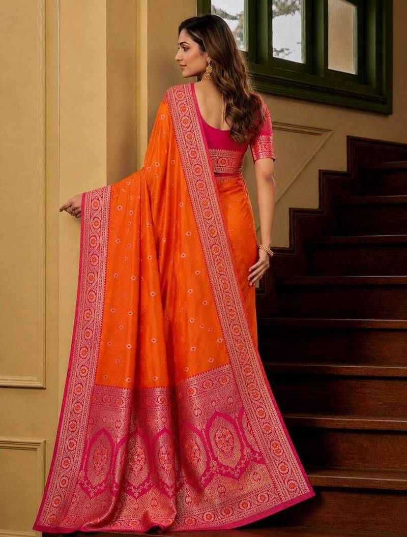 Orange color silk blend zari woven work sari -un stitched blouse