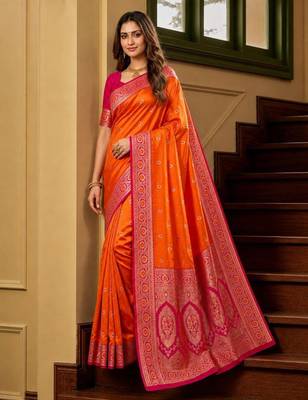 Orange color silk blend zari woven work sari -un stitched blouse 3