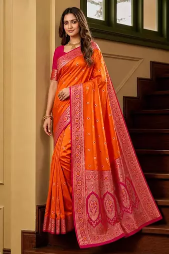 Orange color silk blend zari woven work sari -un stitched blouse