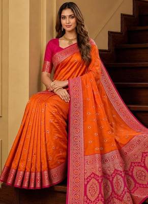 Orange color silk blend zari woven work sari -un stitched blouse 4