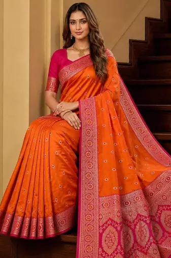 Orange color silk blend zari woven work sari -un stitched blouse
