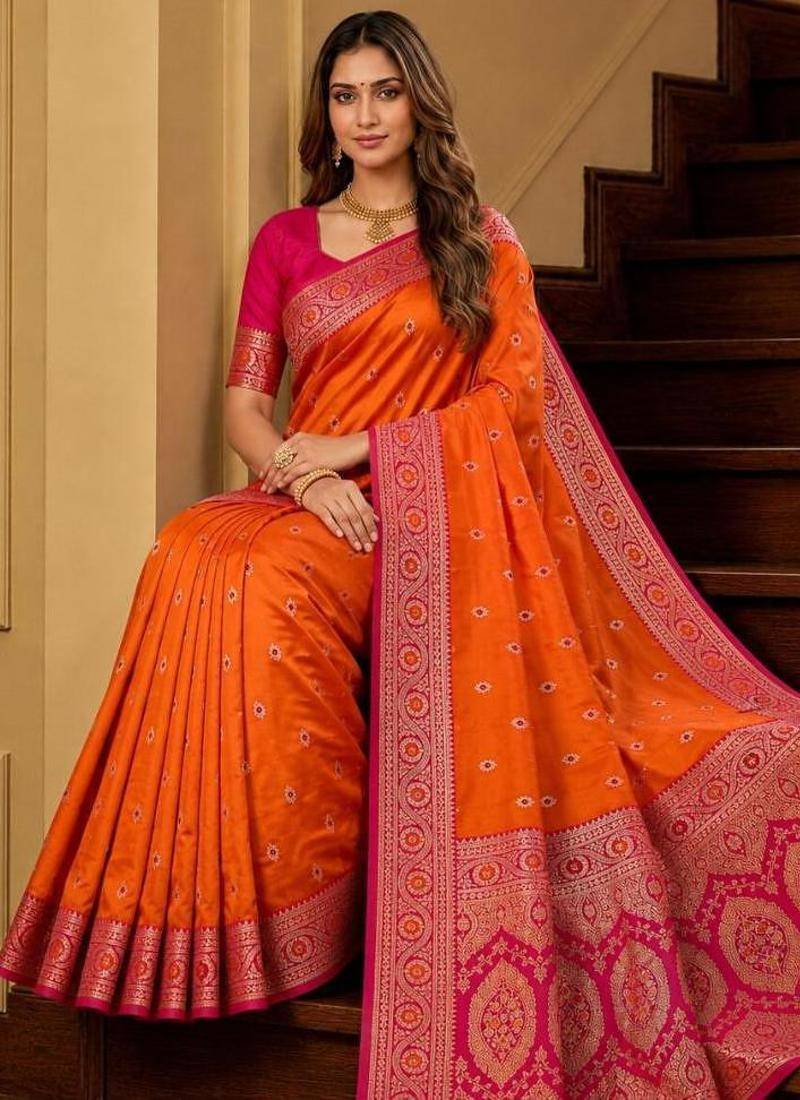Orange color silk blend zari woven work sari -un stitched blouse