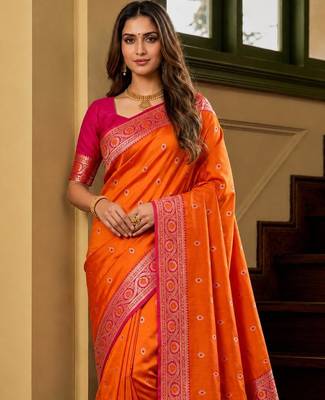 Orange color silk blend zari woven work sari -un stitched blouse 5