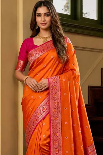 Orange color silk blend zari woven work sari -un stitched blouse
