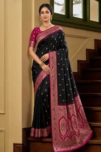 Black color silk blend zari woven work sari -un stitched blouse