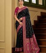 Black color silk blend zari woven work sari -un stitched blouse