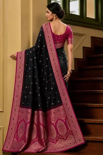 Black color silk blend zari woven work sari -un stitched blouse