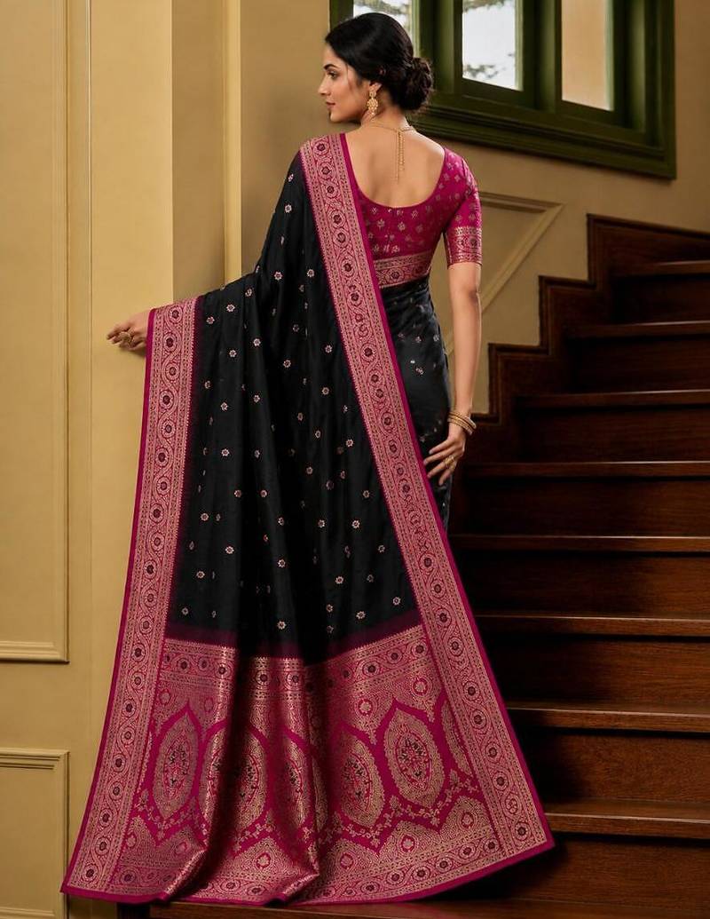 Black color silk blend zari woven work sari -un stitched blouse