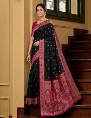 Black color silk blend zari woven work sari -un stitched blouse 3