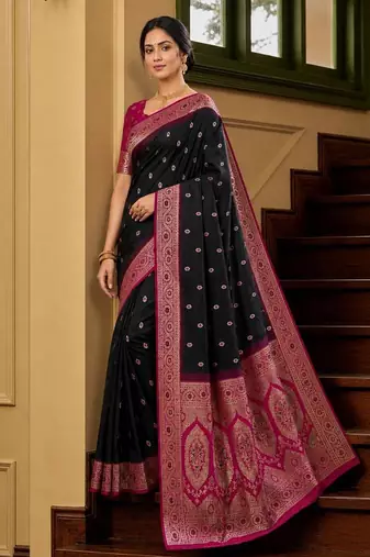 Black color silk blend zari woven work sari -un stitched blouse