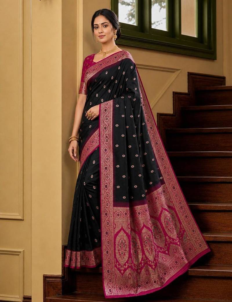 Black color silk blend zari woven work sari -un stitched blouse