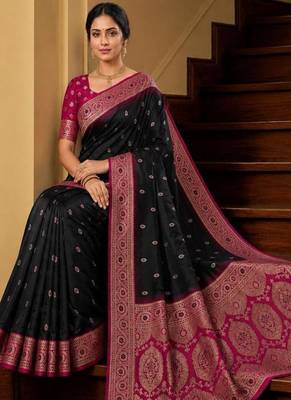Black color silk blend zari woven work sari -un stitched blouse 4