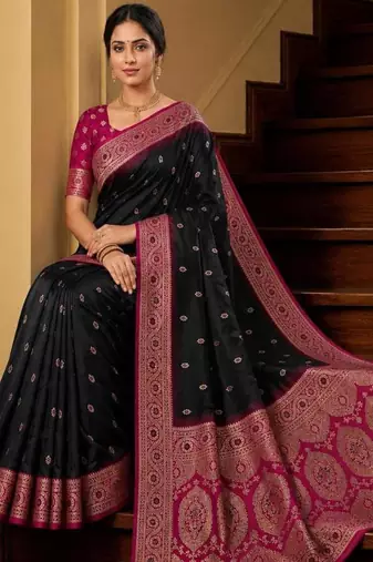 Black color silk blend zari woven work sari -un stitched blouse