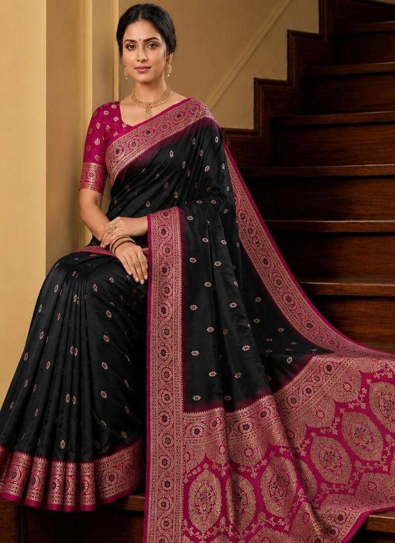 Black color silk blend zari woven work sari -un stitched blouse