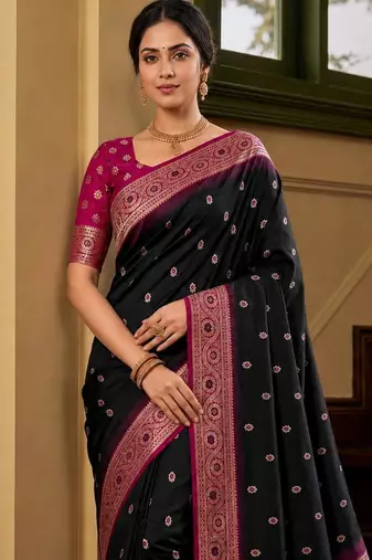 Black color silk blend zari woven work sari -un stitched blouse
