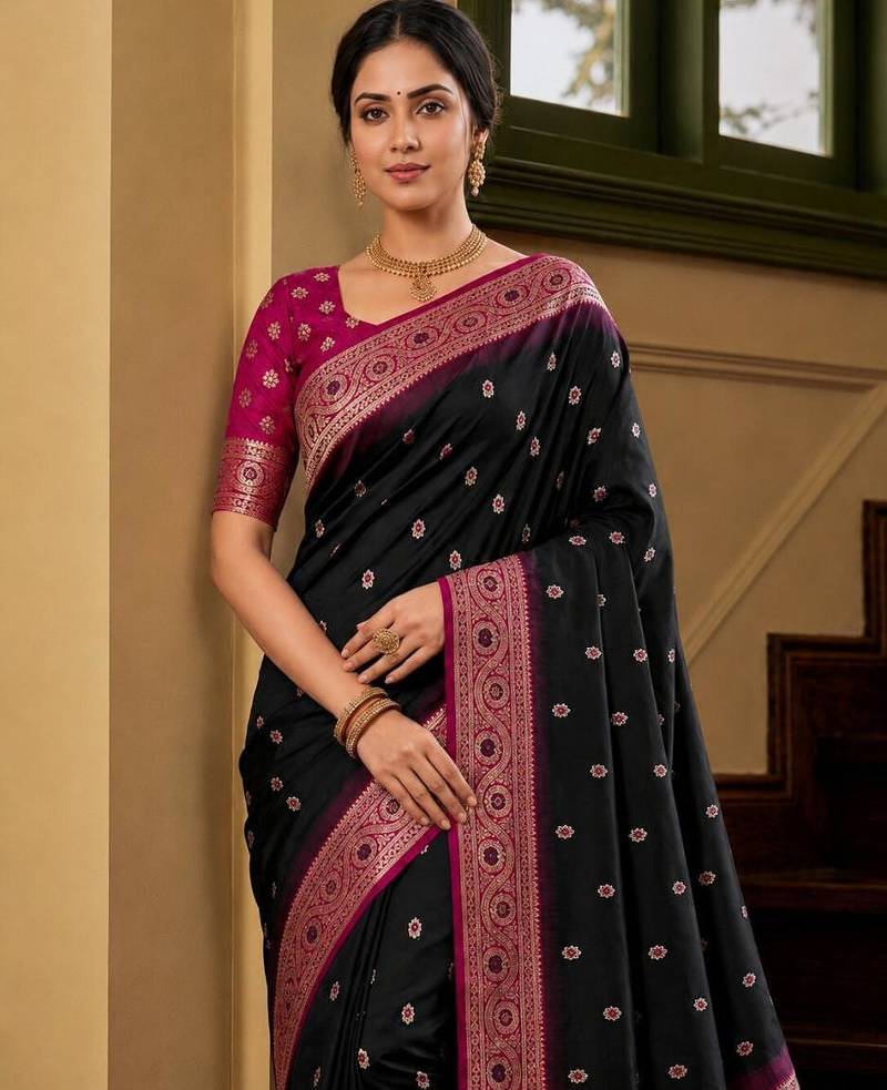 Black color silk blend zari woven work sari -un stitched blouse