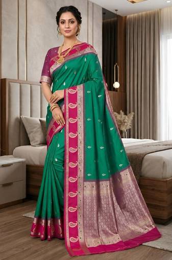 Light green color silk blend zari woven work saree