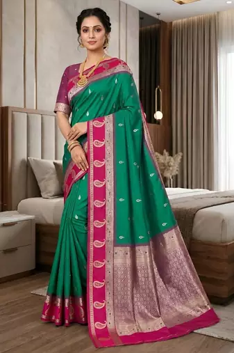 Light green color silk blend zari woven work saree