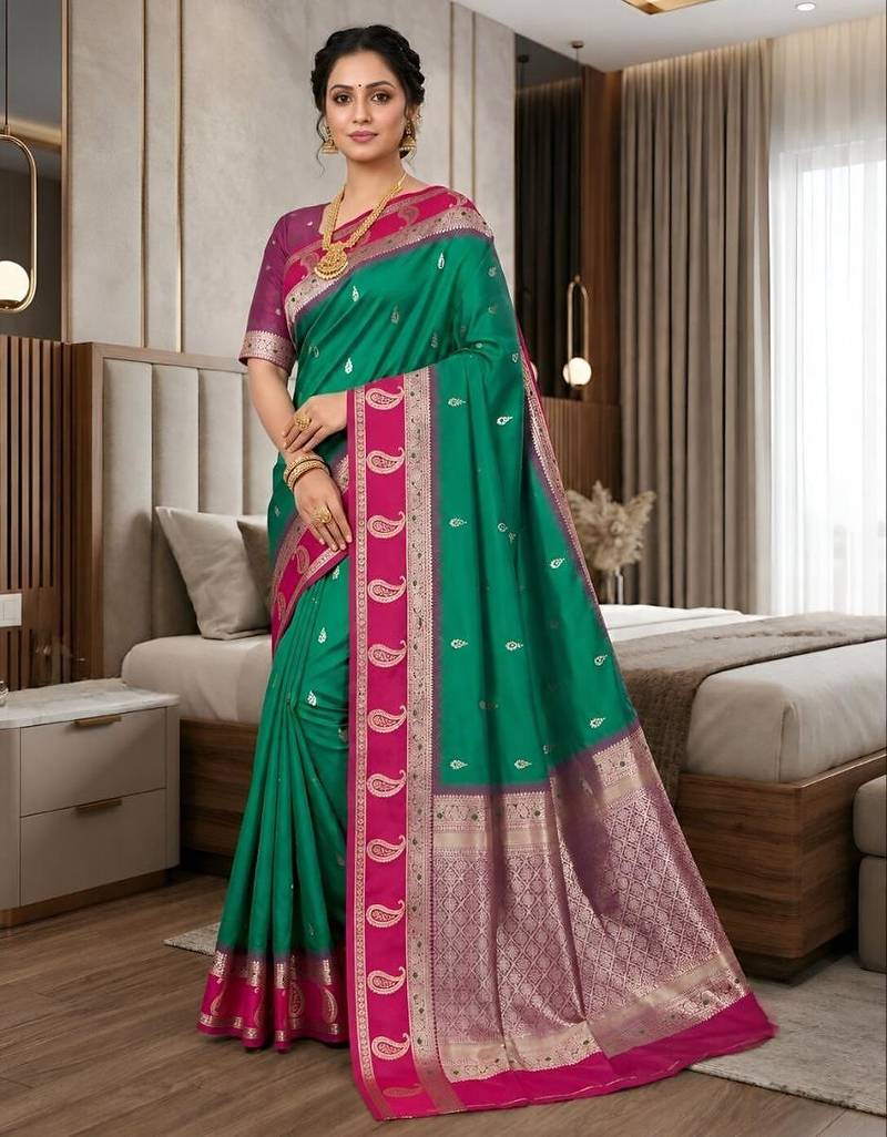 Light green color silk blend zari woven work saree