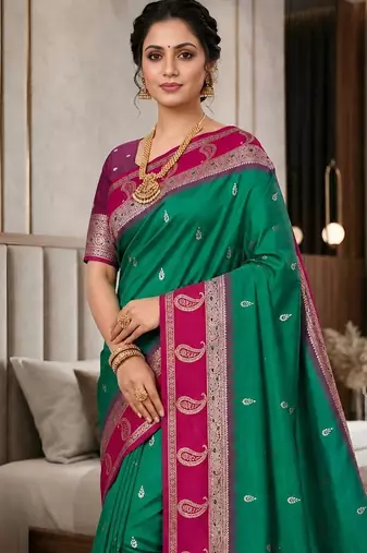 Light green color silk blend zari woven work saree
