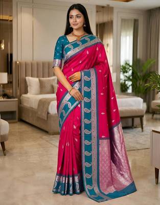 Rani pink color silk blend zari woven work saree 1