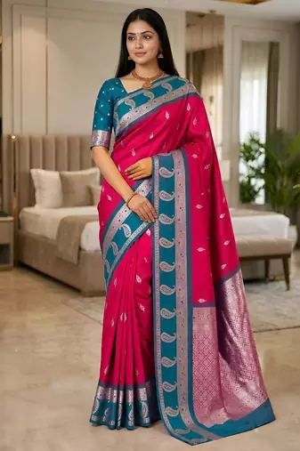 Rani pink color silk blend zari woven work saree