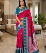 Rani pink color silk blend zari woven work saree