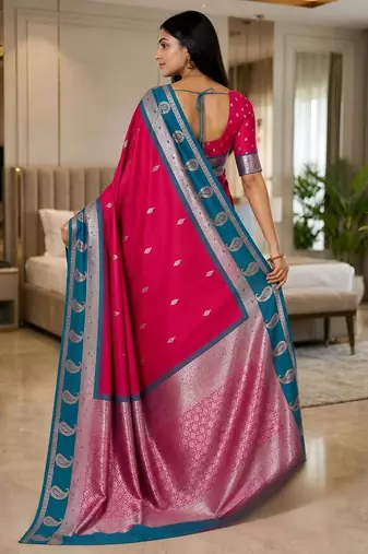 Rani pink color silk blend zari woven work saree