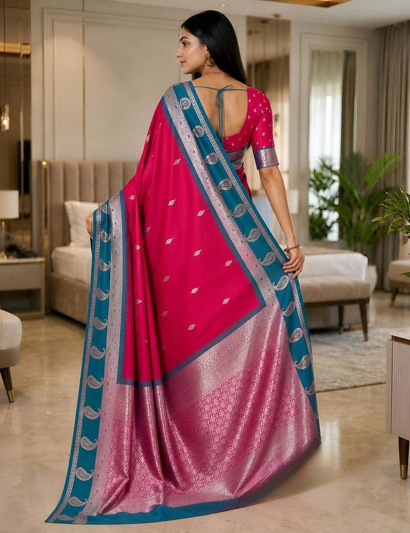Rani pink color silk blend zari woven work saree