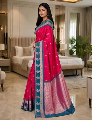 Rani pink color silk blend zari woven work saree 3