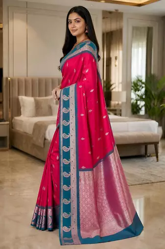 Rani pink color silk blend zari woven work saree