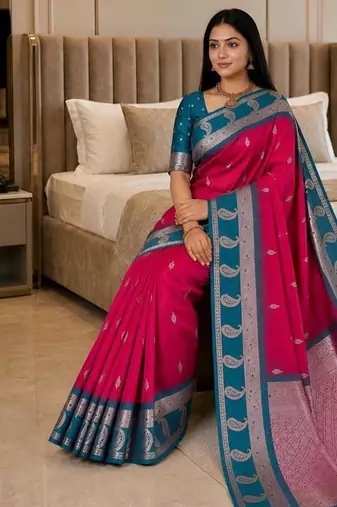 Rani pink color silk blend zari woven work saree