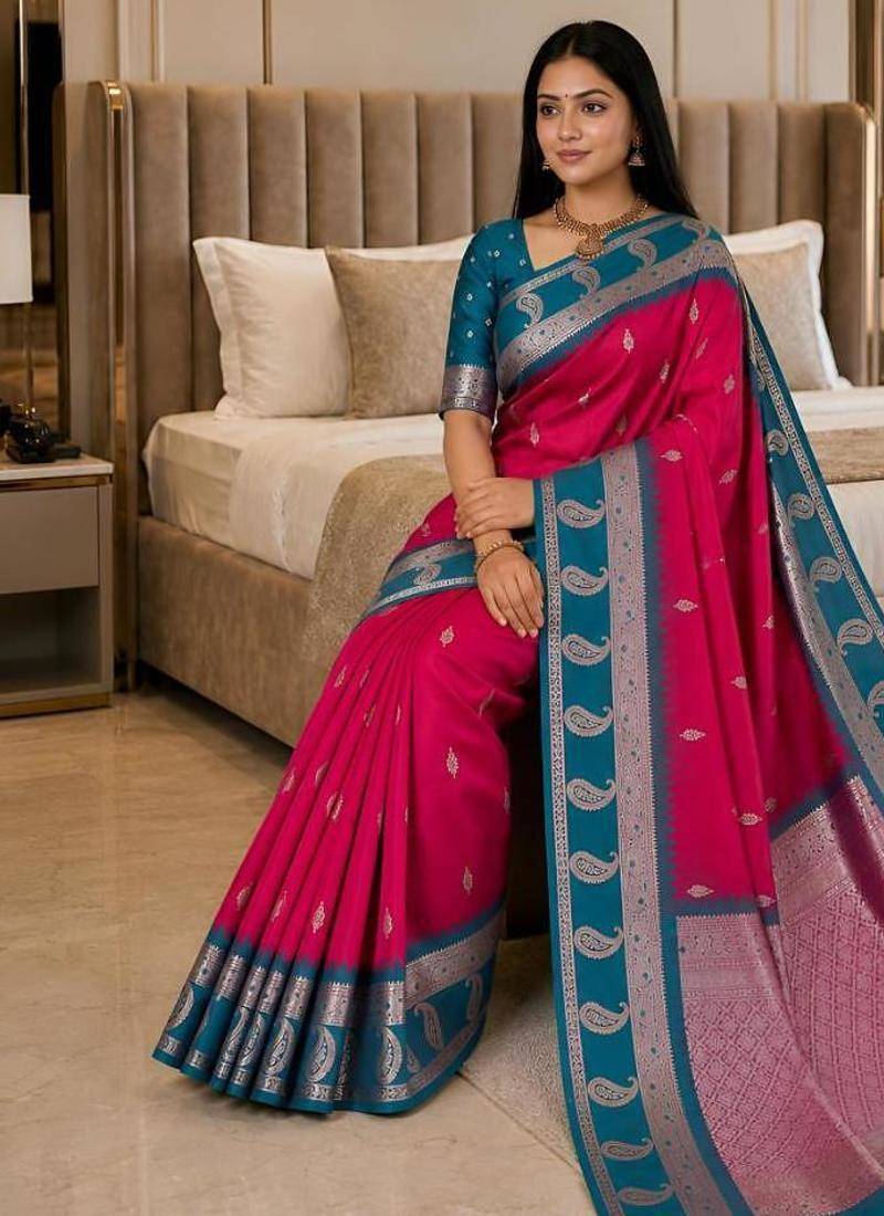 Rani pink color silk blend zari woven work saree