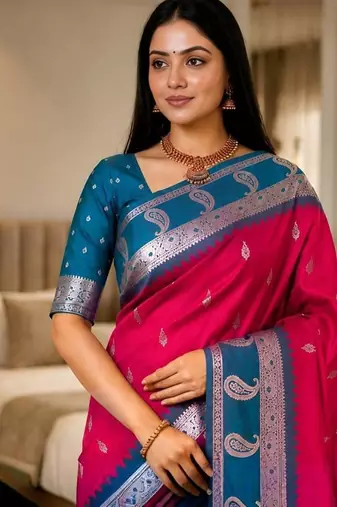 Rani pink color silk blend zari woven work saree