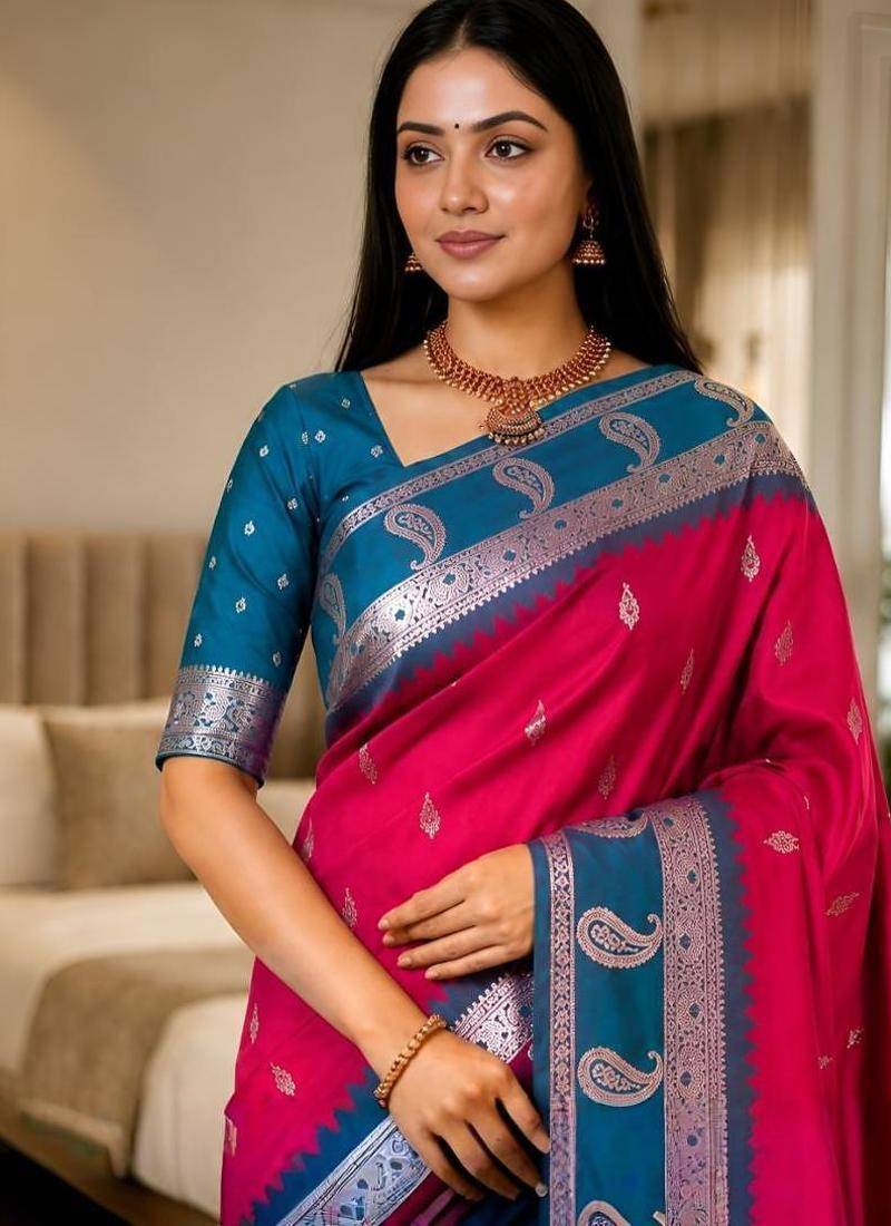 Rani pink color silk blend zari woven work saree
