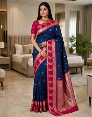 Navy blue color silk blend zari woven work saree 1