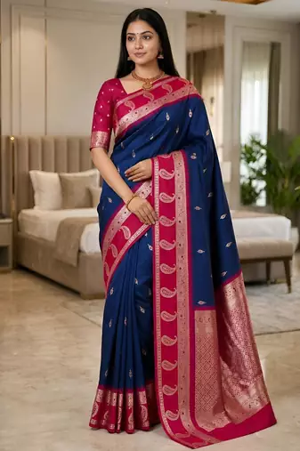 Navy blue color silk blend zari woven work saree